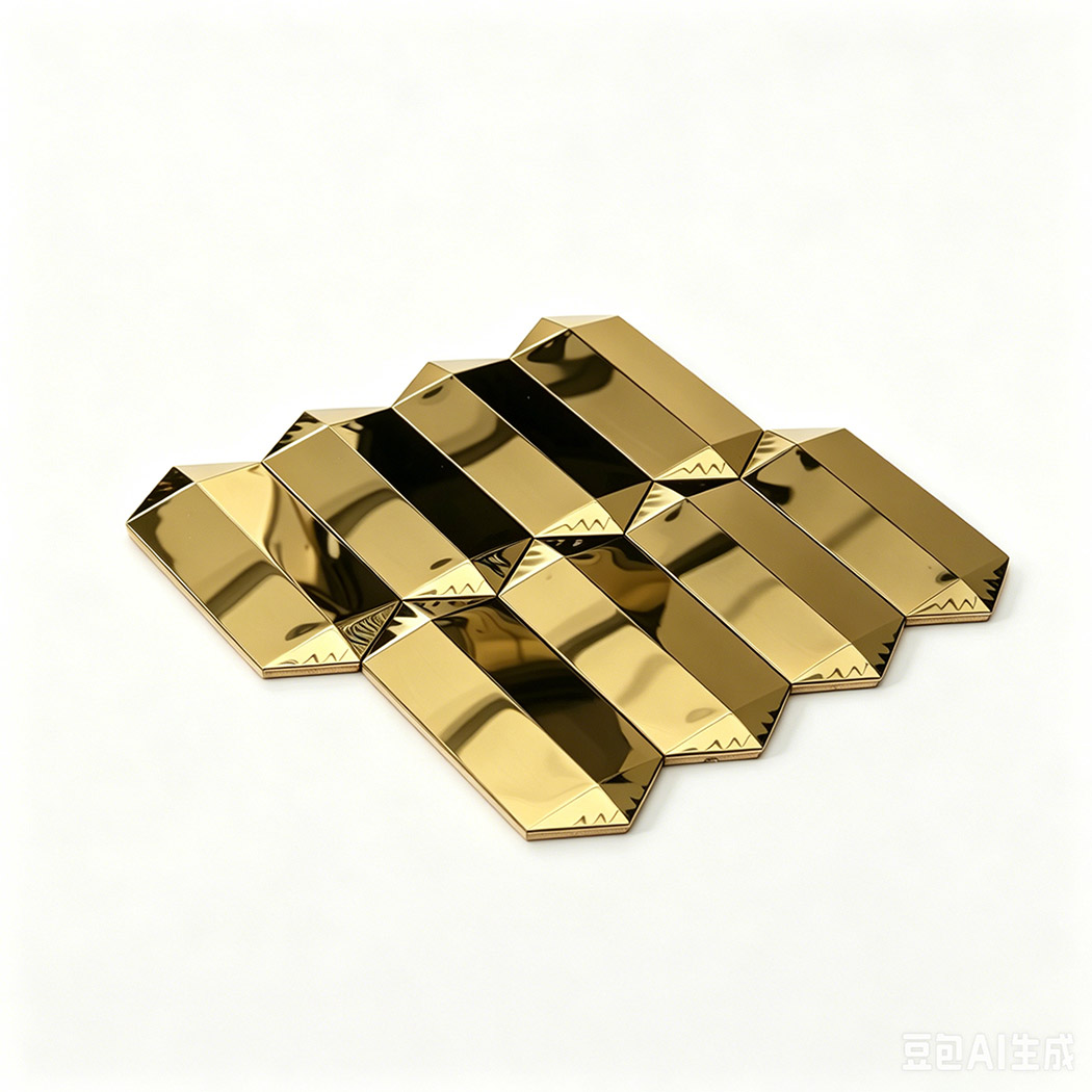 Angled view of gold mirror picket mosaic tile sheet with reflective 3D bevels