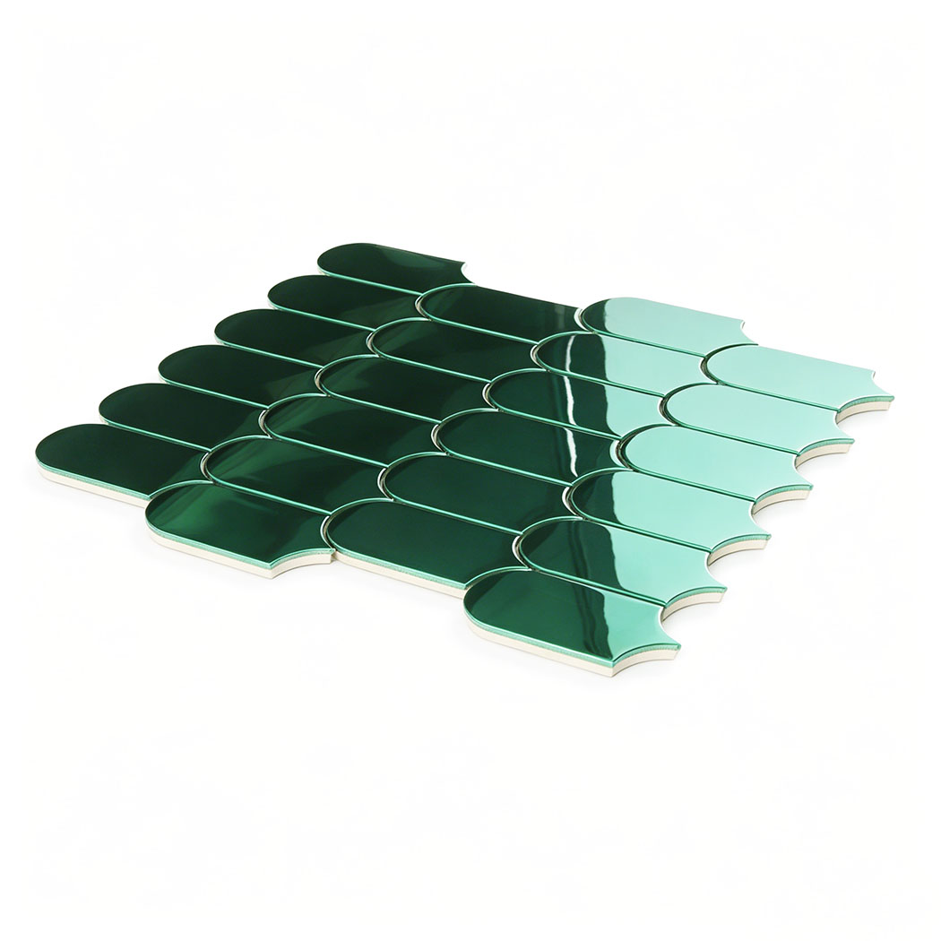 Angled view of green arch metal mosaic tile sheet with reflective curved surface