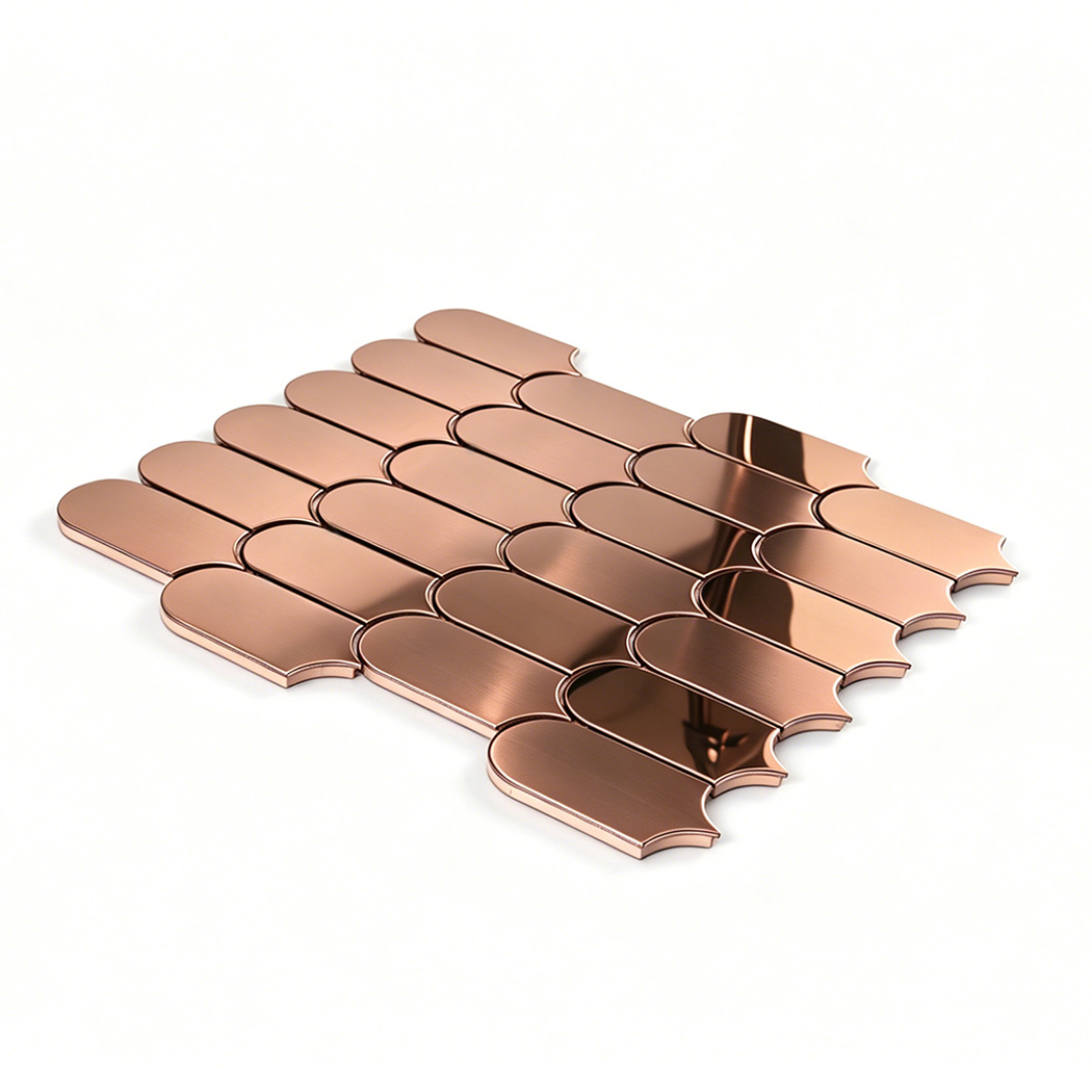 Angled view of rose gold arch metal mosaic tile sheet with warm metallic finish