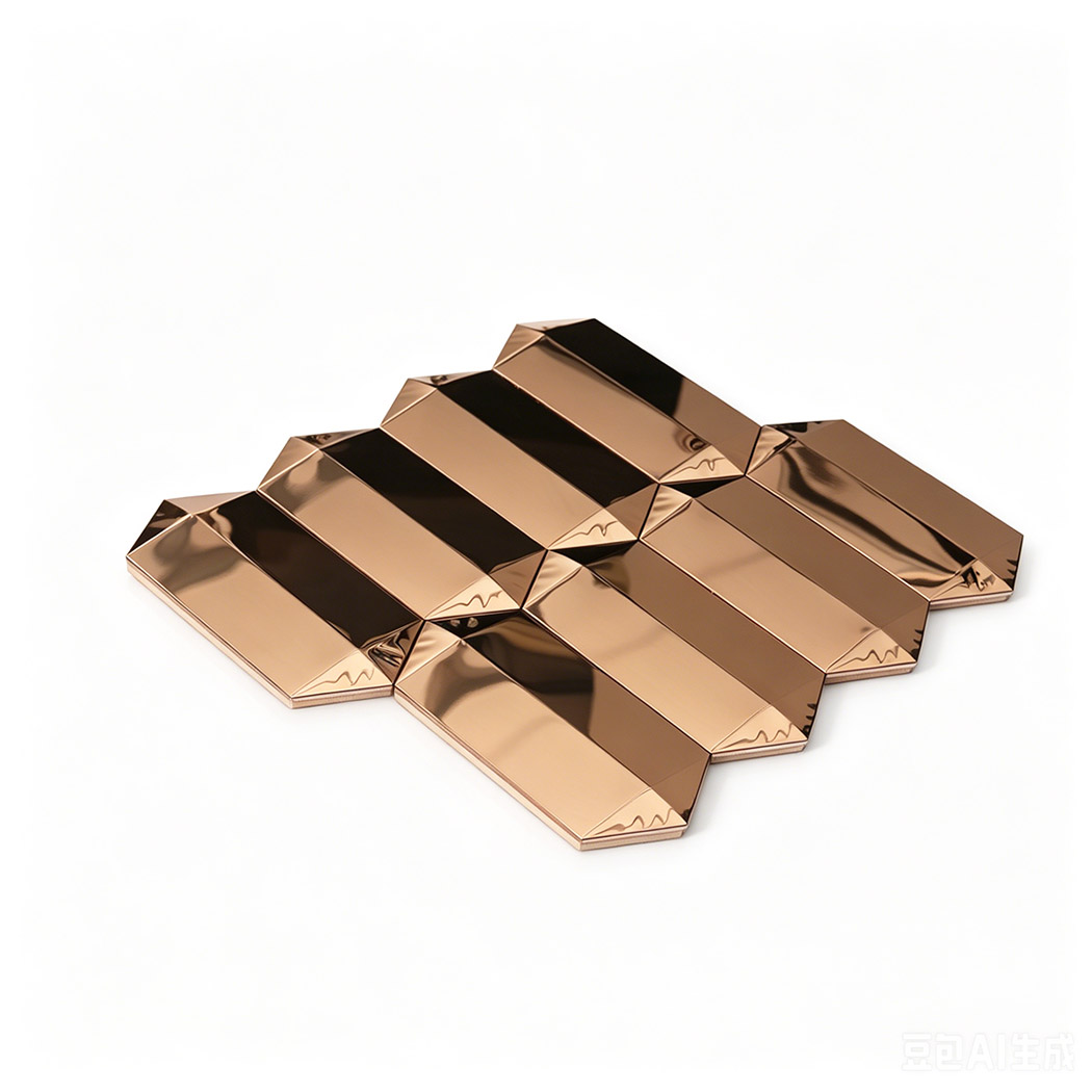Angled view of rose gold mirror picket mosaic tile sheet with 3D beveled edges