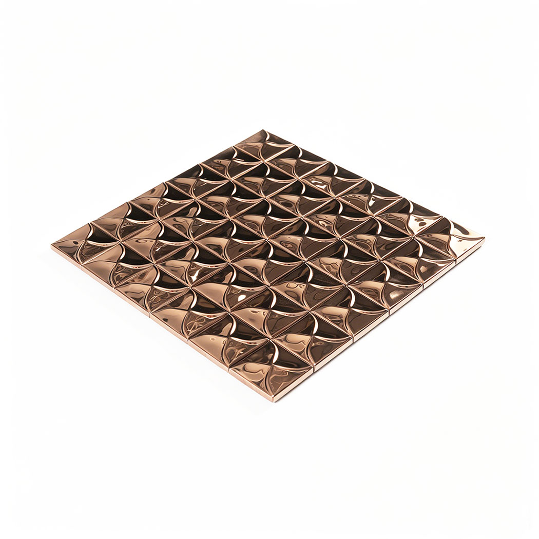 Angled view of rose gold mirror square mosaic tile sheet with 3D curved texture