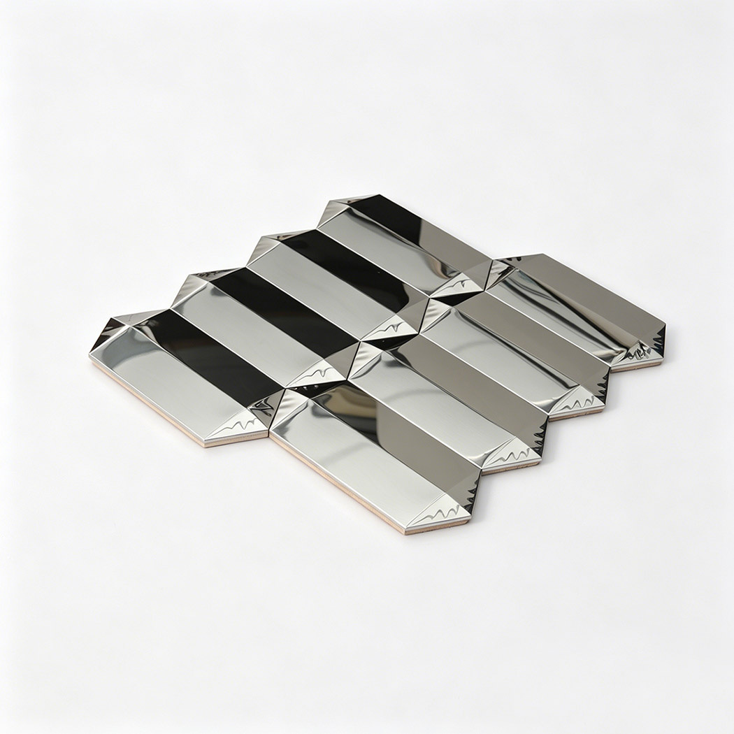 Angled view of silver mirror picket mosaic tile sheet with reflective bevels