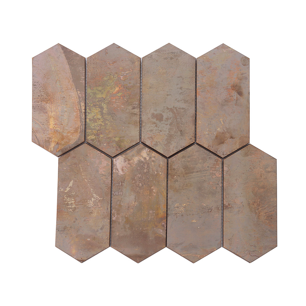 Antique copper elongated hexagon mosaic tile sheet front view on white background