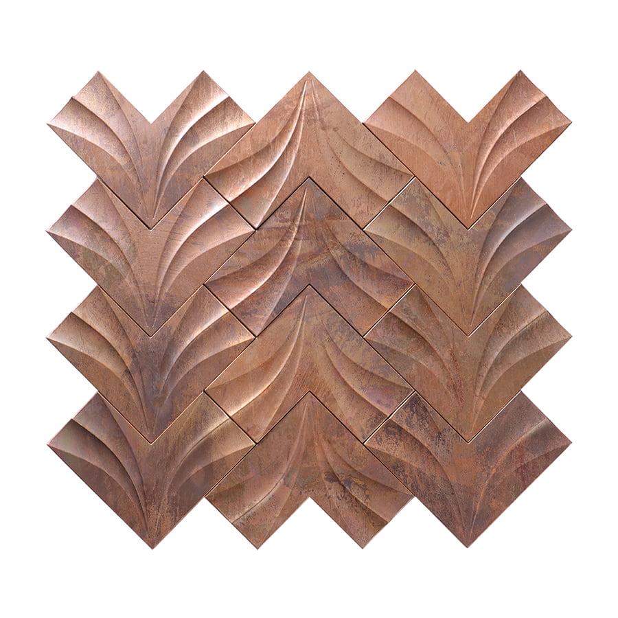 Front view of antique copper leaf design metal mosaic tile sheet.