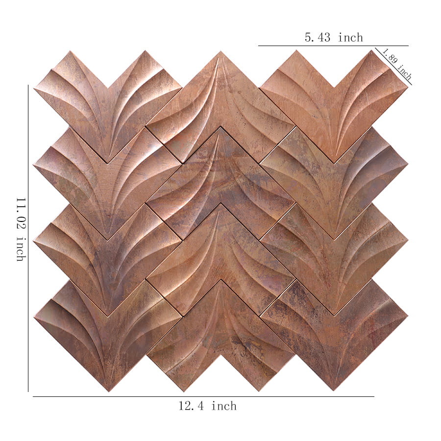 Antique copper leaf pattern metal mosaic tile with size details in inches.