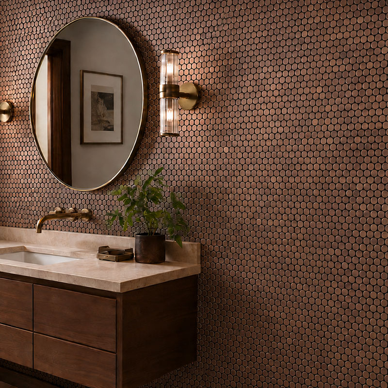 Antique copper penny round tile wall beside a brass mirror and wood vanity