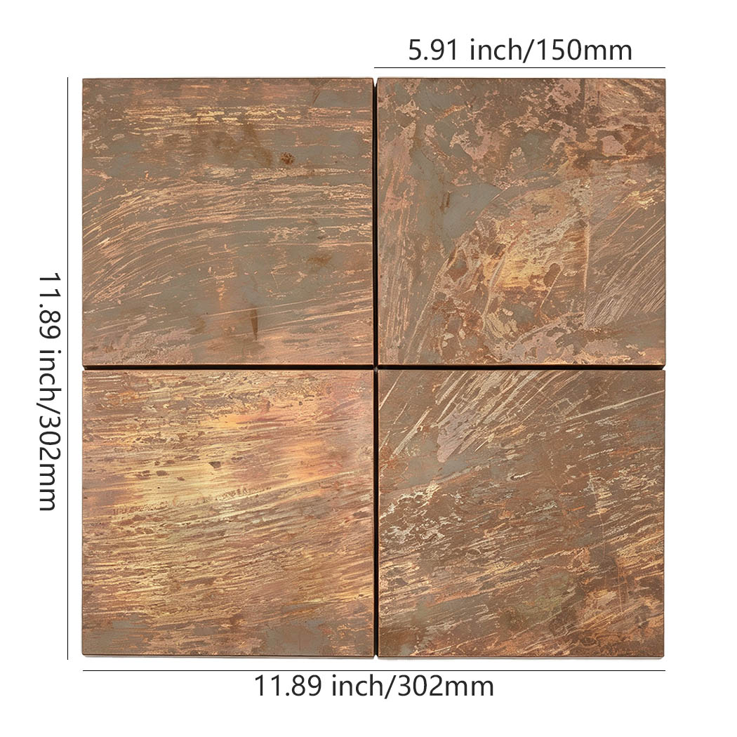Antique copper square mosaic tile sheet with 150 mm chips and size measurements