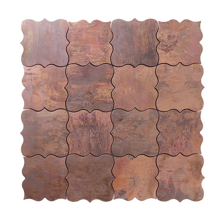 Front view of antique bronze arabesque mosaic tile with rustic metallic finish