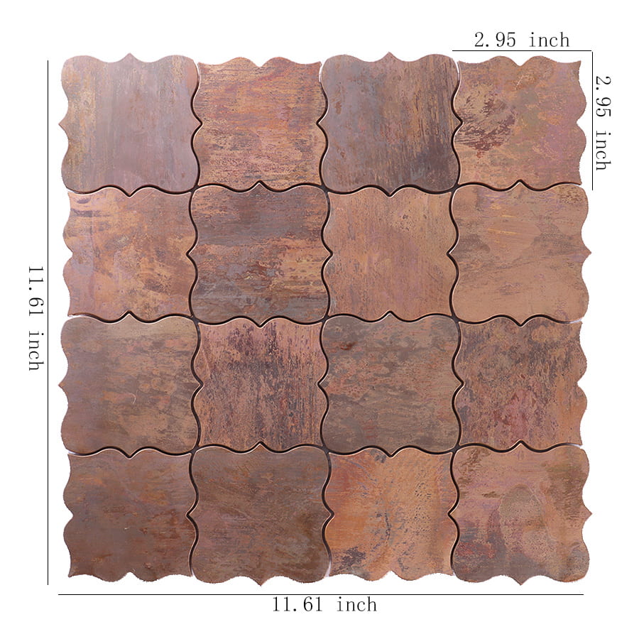 Antique bronze arabesque mosaic tile with inch size measurements