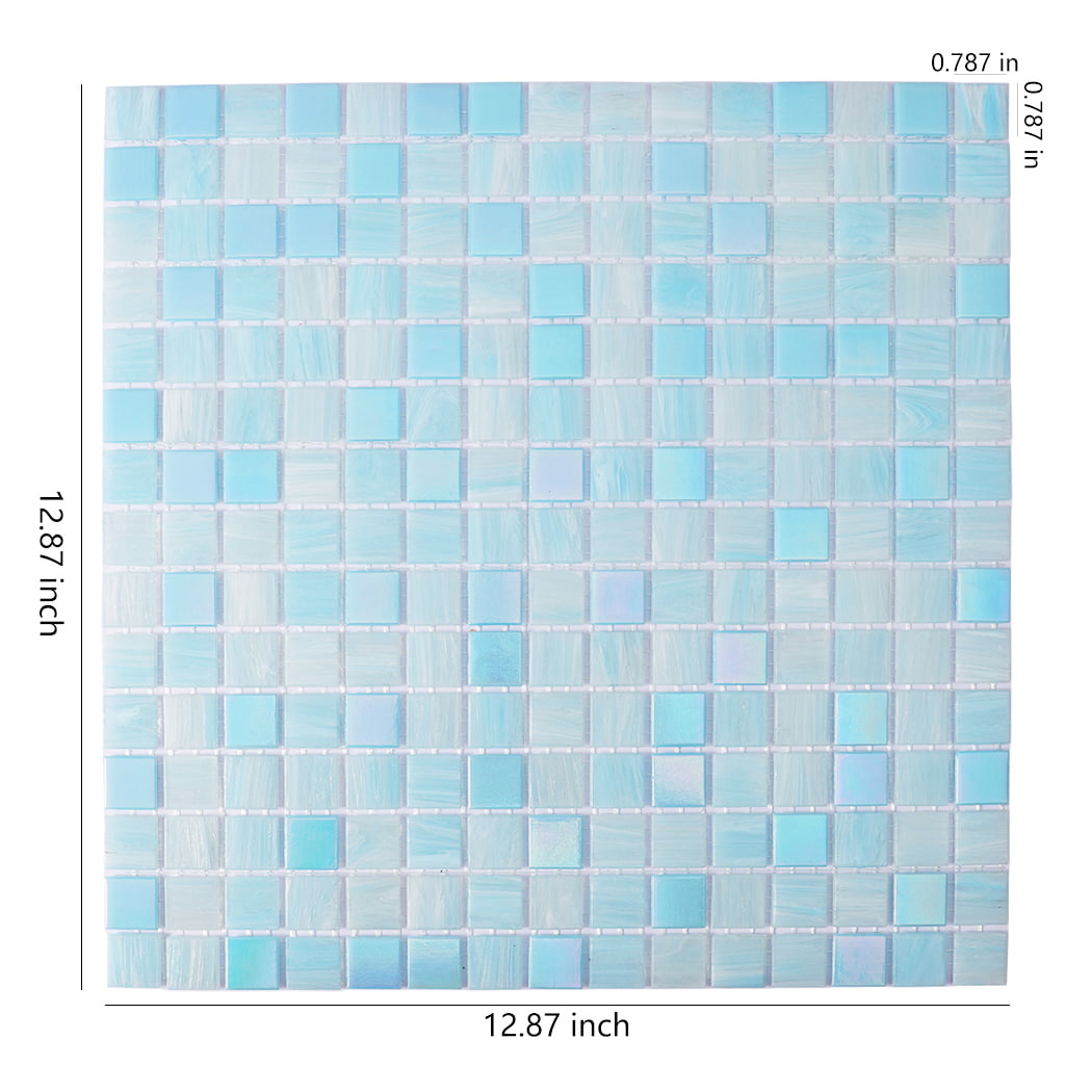 Aqua blue glass mosaic sheet with 12.87 inch size labels