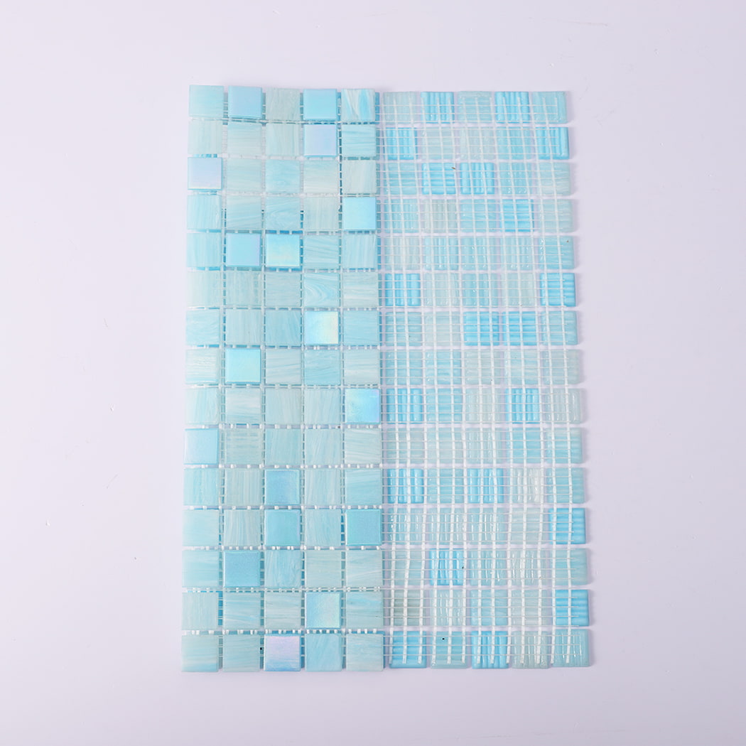 Aqua blue square glass mosaic sheet showing tile face and backing side