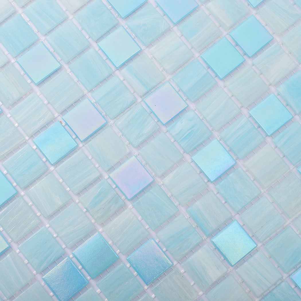 Closeup of aqua blue and light blue square glass mosaic tile pattern