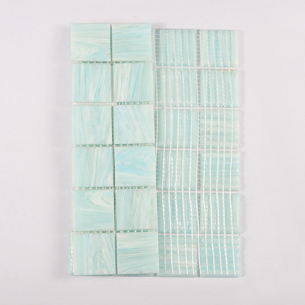 Front and back view of aqua blue glass mosaic tile sheet showing surface and mesh backing