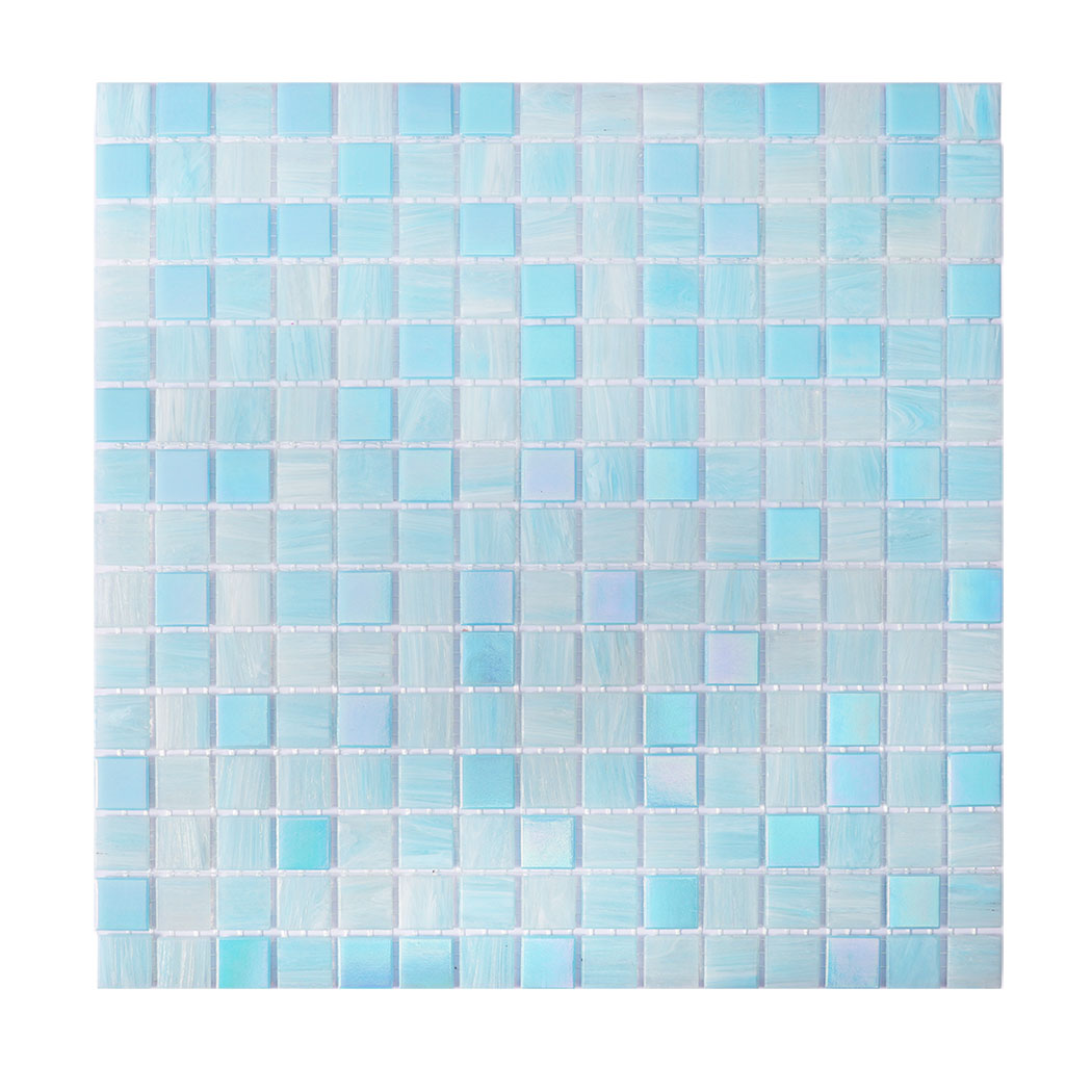 Front view of aqua blue square glass mosaic tile sheet