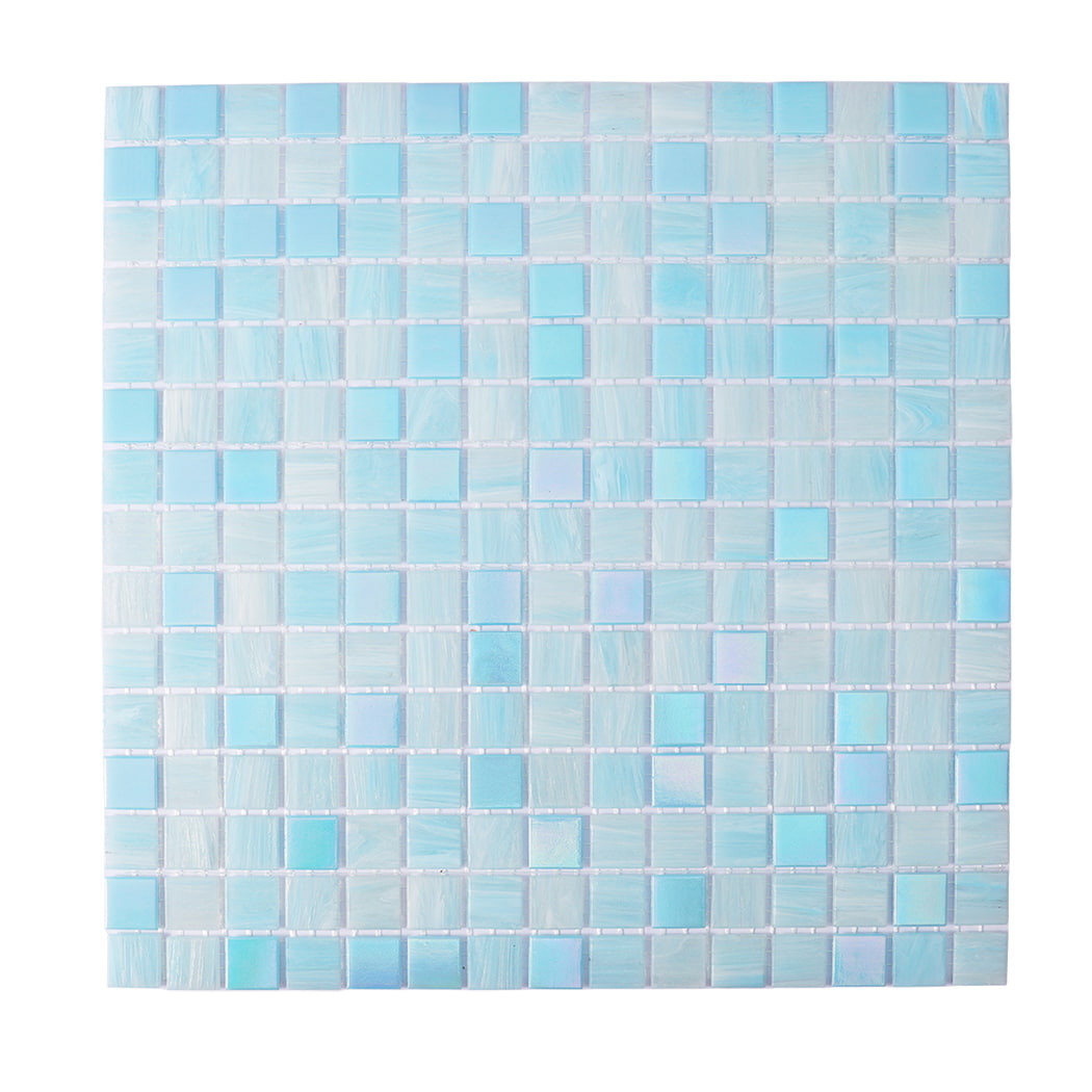 Front view of aqua blue square glass mosaic tile sheet