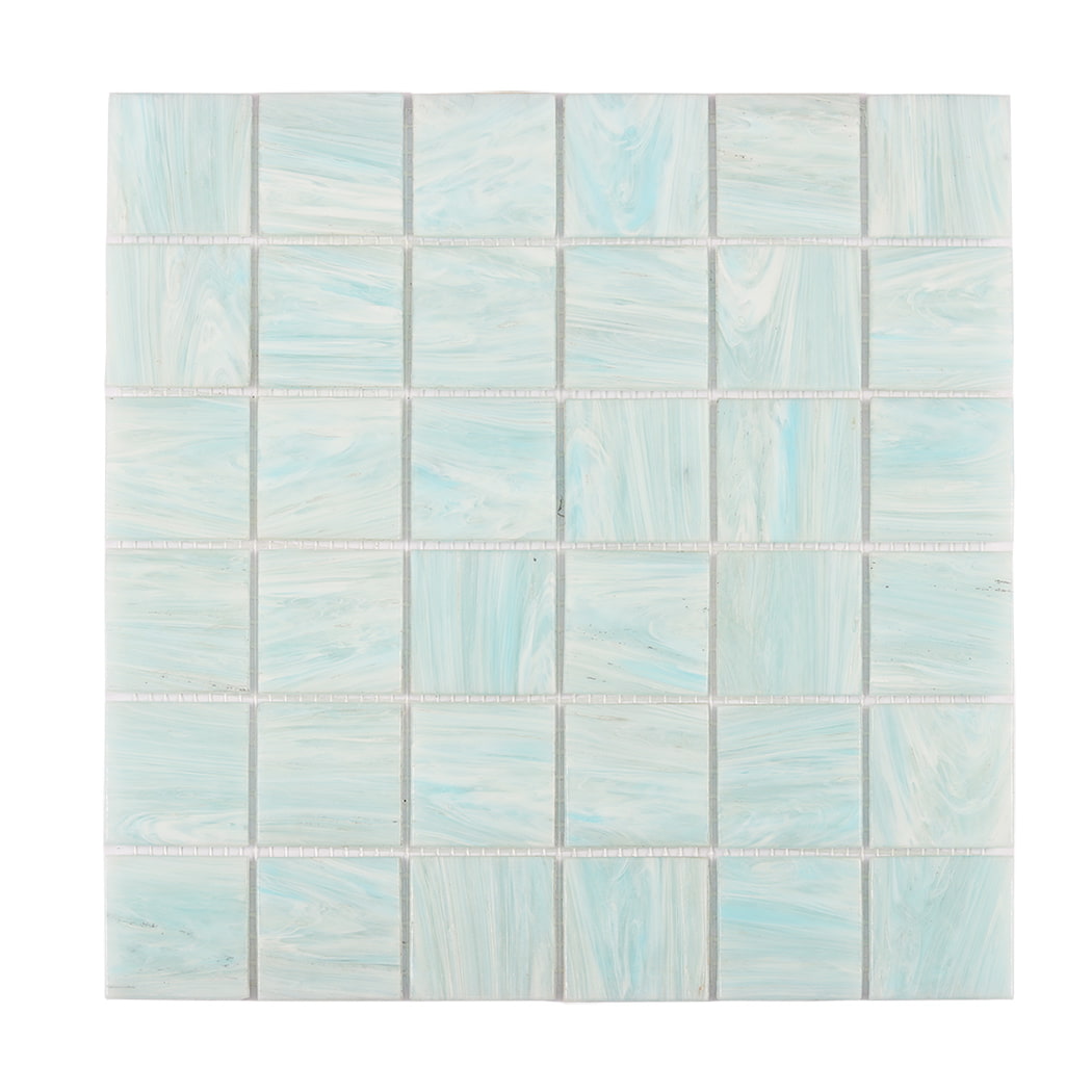Front view of aqua blue square glass mosaic tiles on mesh sheet