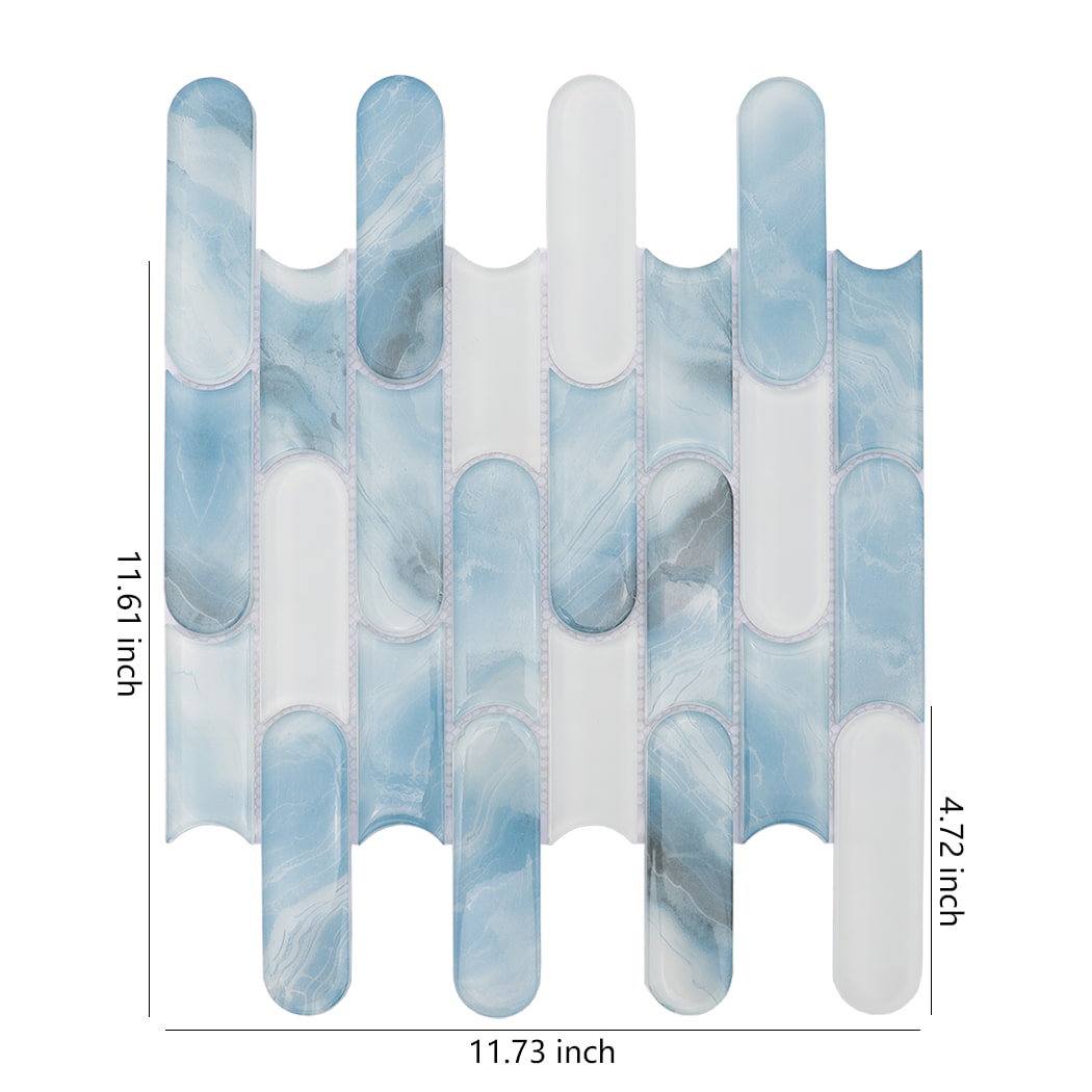 Aqua blue white capsule glass mosaic tile sheet with size dimensions