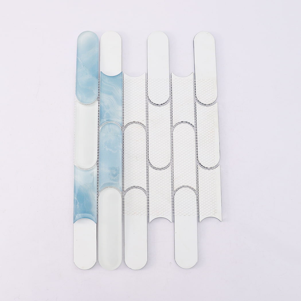 Back view of aqua blue and white capsule glass mosaic tile on mesh backing