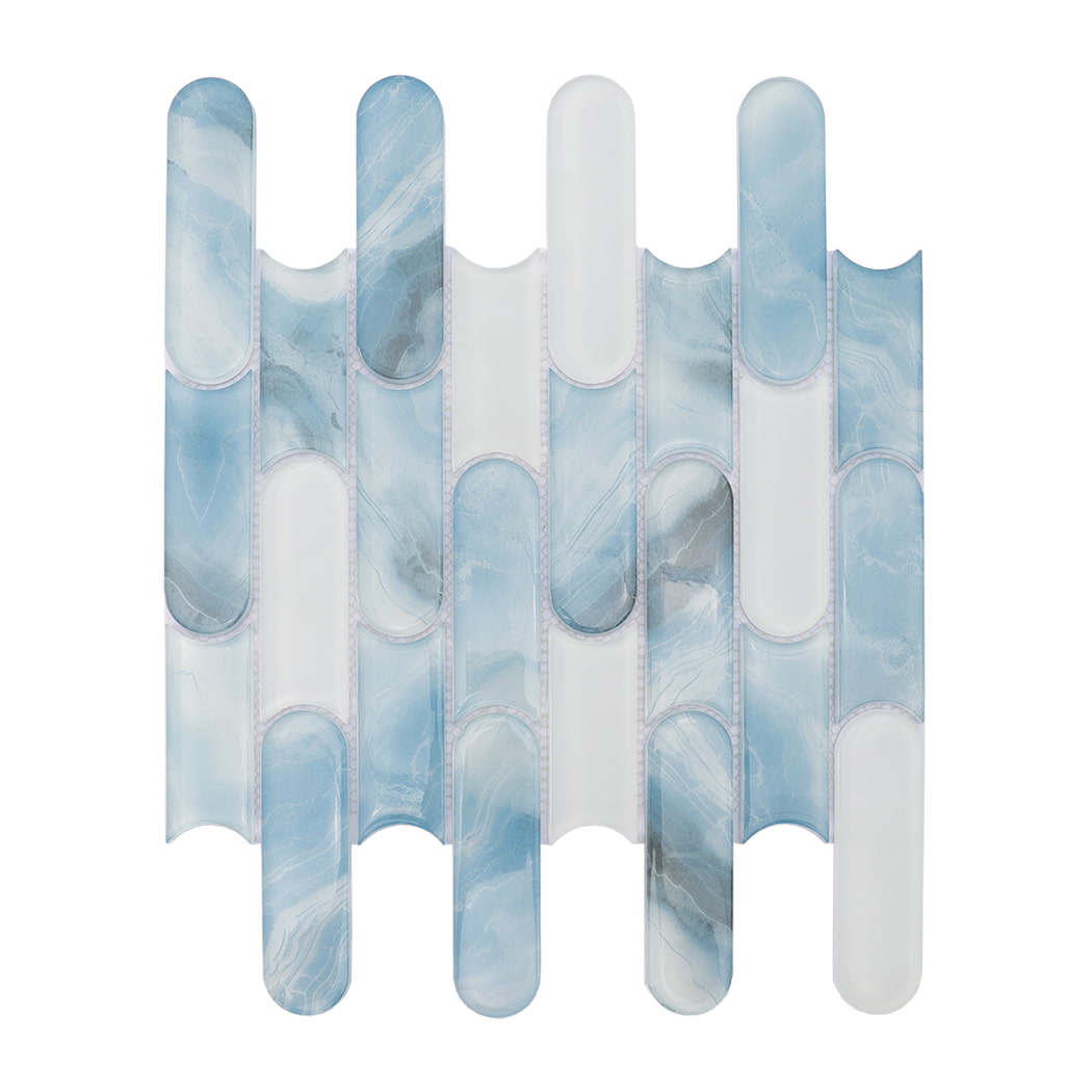 Aqua blue and white capsule glass mosaic tile sheet on a white background