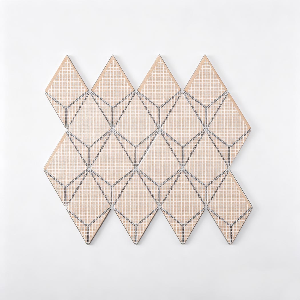 Back view of aqua green diamond metal mosaic tile sheet with mesh backing