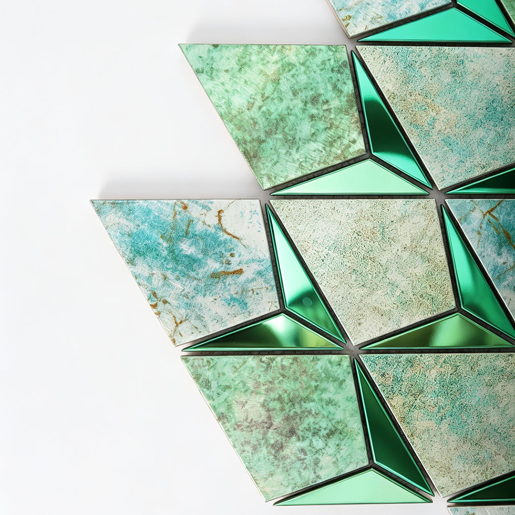 Close up of aqua green diamond metal mosaic tiles with marble look surface