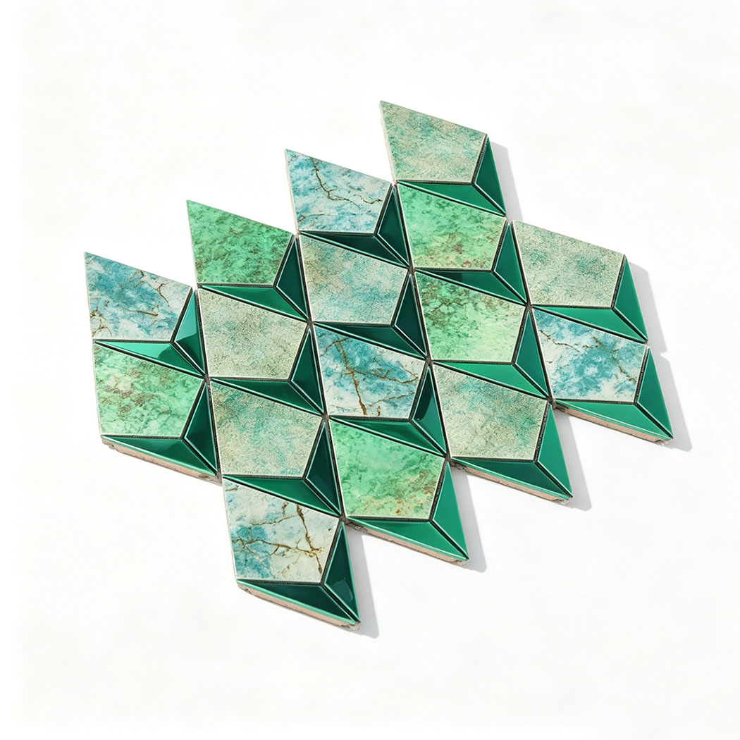 Angled view of aqua green diamond metal mosaic tile sheet with marble look inserts