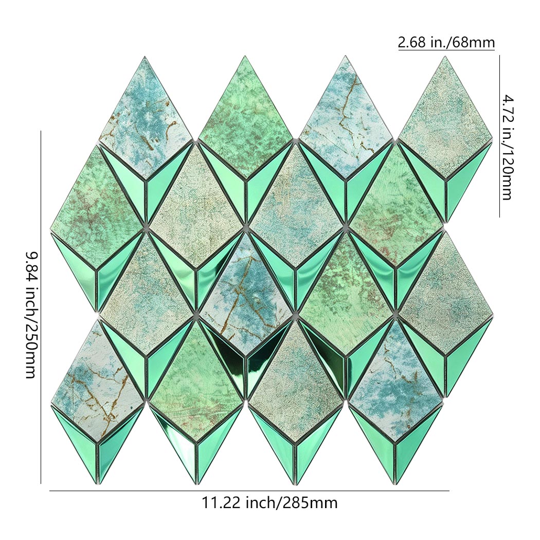 Aqua green diamond metal mosaic tile sheet with marble look inserts and size details