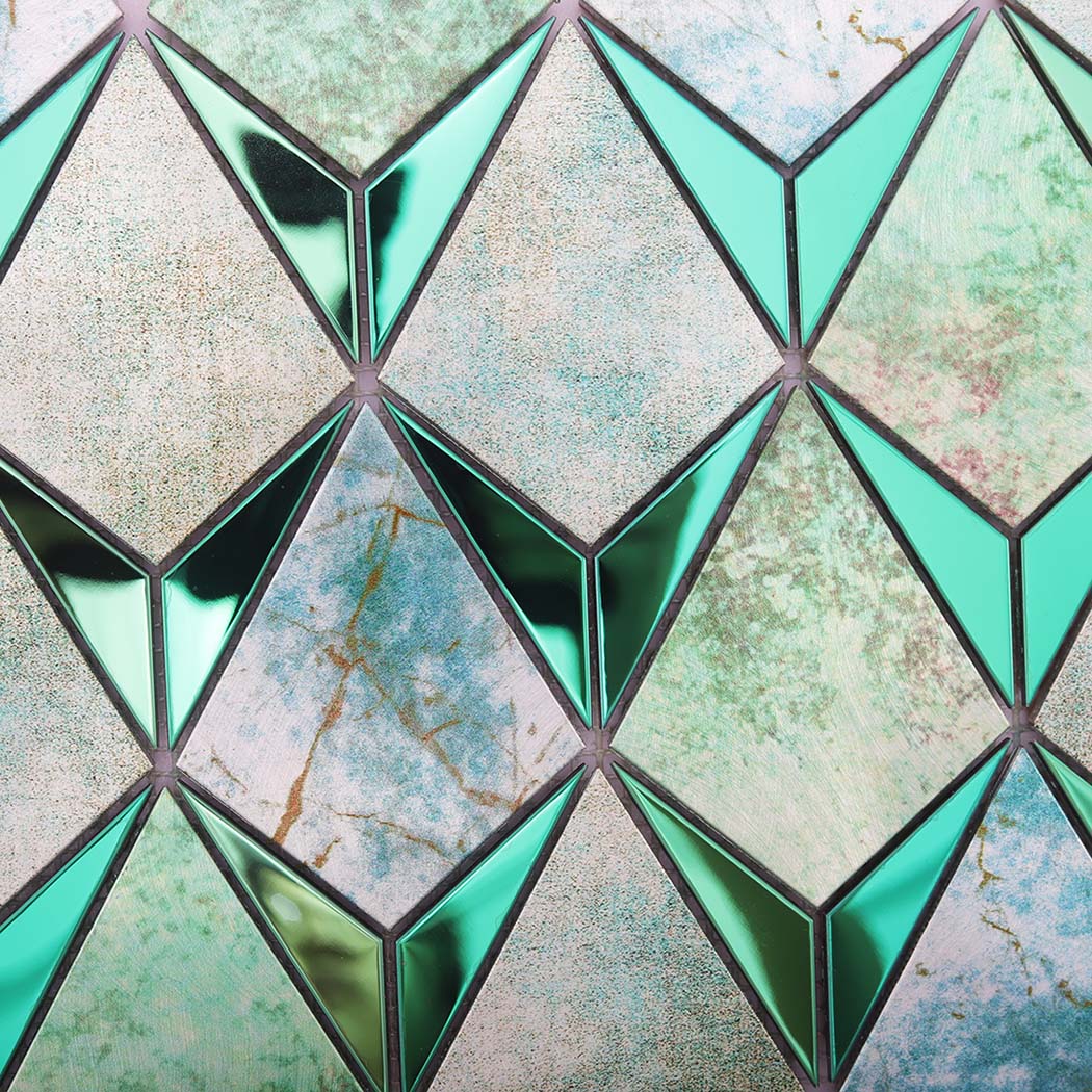 Detailed aqua green diamond mosaic tile texture with reflective metal accents