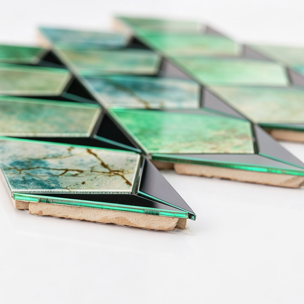 Side view showing the thickness of aqua green diamond metal mosaic tiles