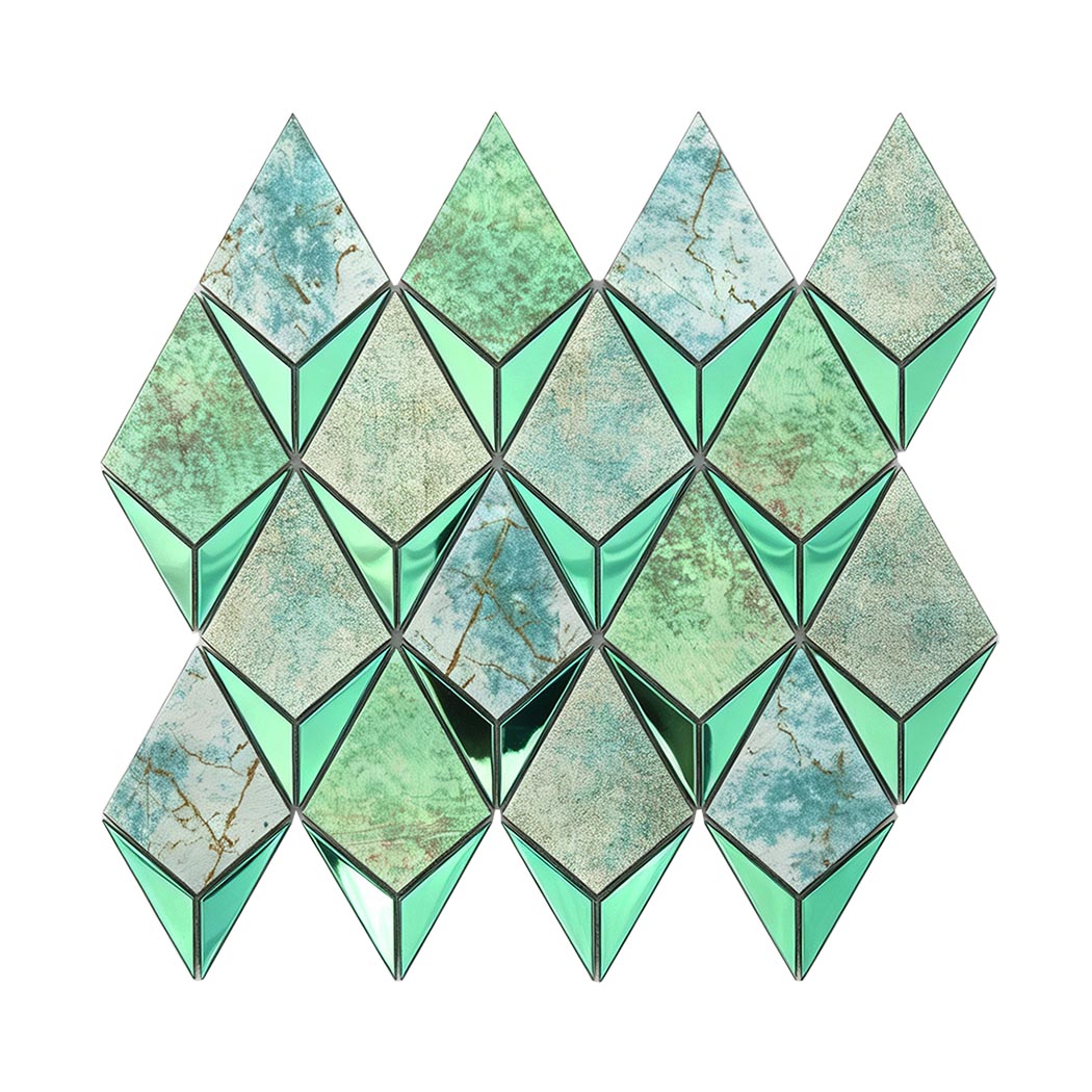 Aqua green diamond metal mosaic tile sheet with textured marble look inserts