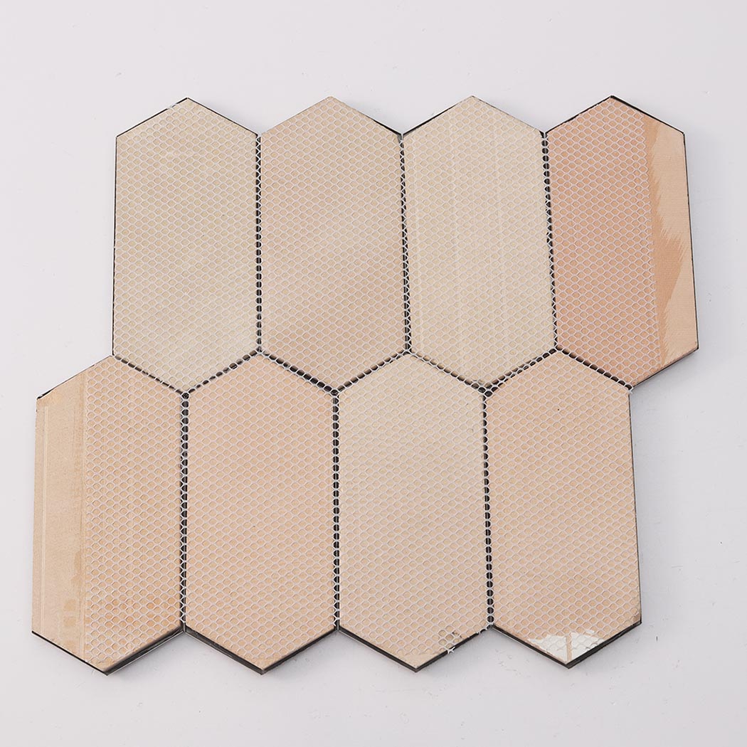 Back view of black mirror picket mosaic tile sheet with mesh mounted backing