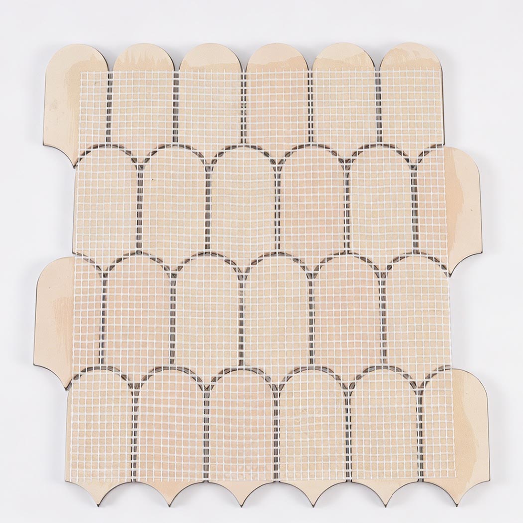 Back view of blue arch metal mosaic tile sheet with mesh mounted backing