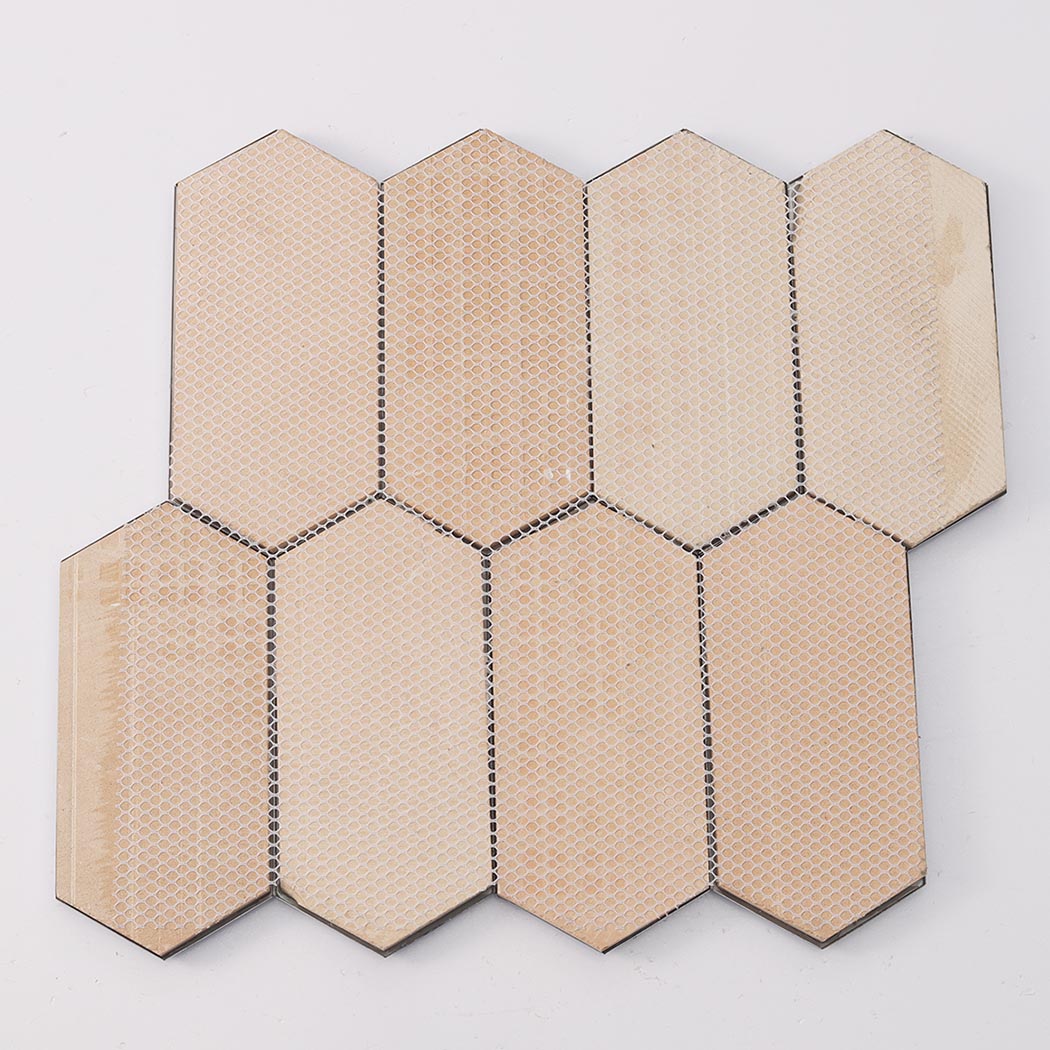 Back view of blue mirror picket mosaic tile sheet with mesh mounted backing