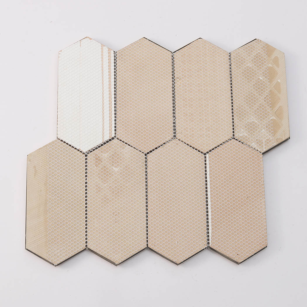 Back view of gold mirror picket mosaic tile sheet with mesh mounted backing