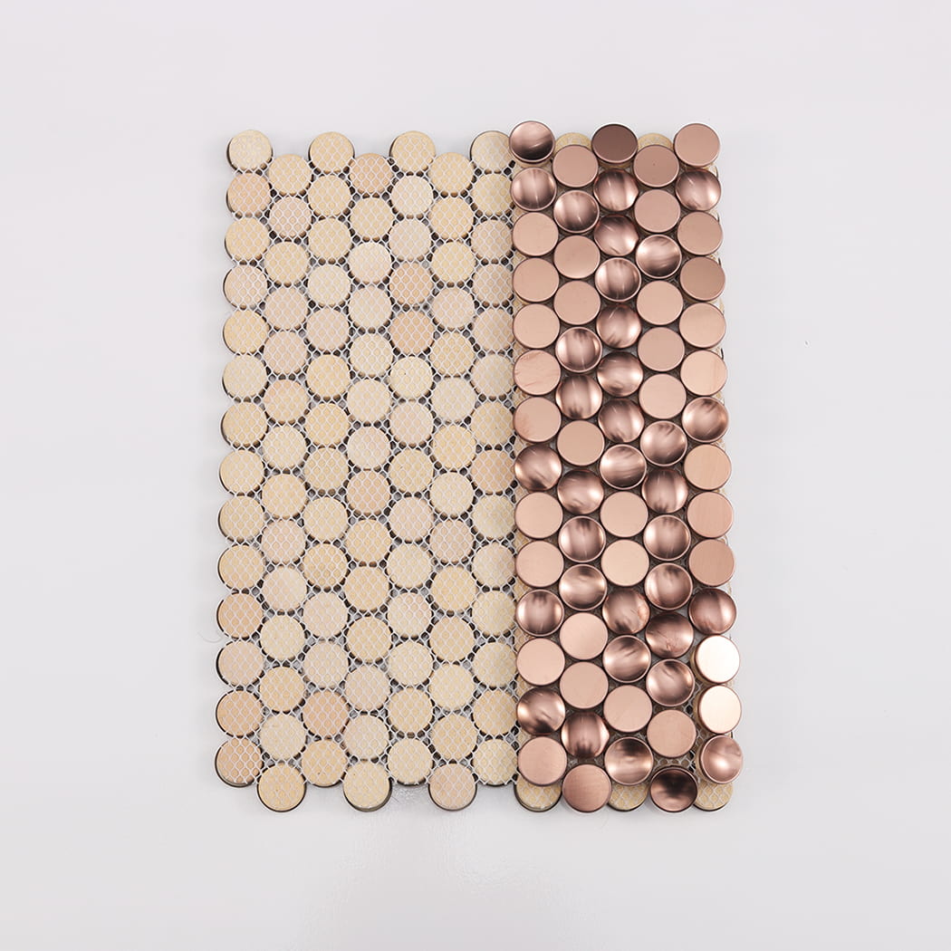 Front and back view of rose gold penny round mosaic showing white mesh backing