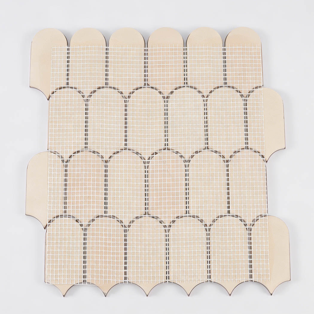 Back view of pink arch metal mosaic tile sheet with mesh mounted backing