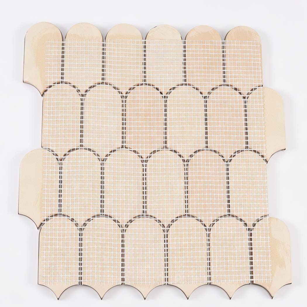 Back view of rose gold arch metal mosaic tile sheet with mesh mounted backing