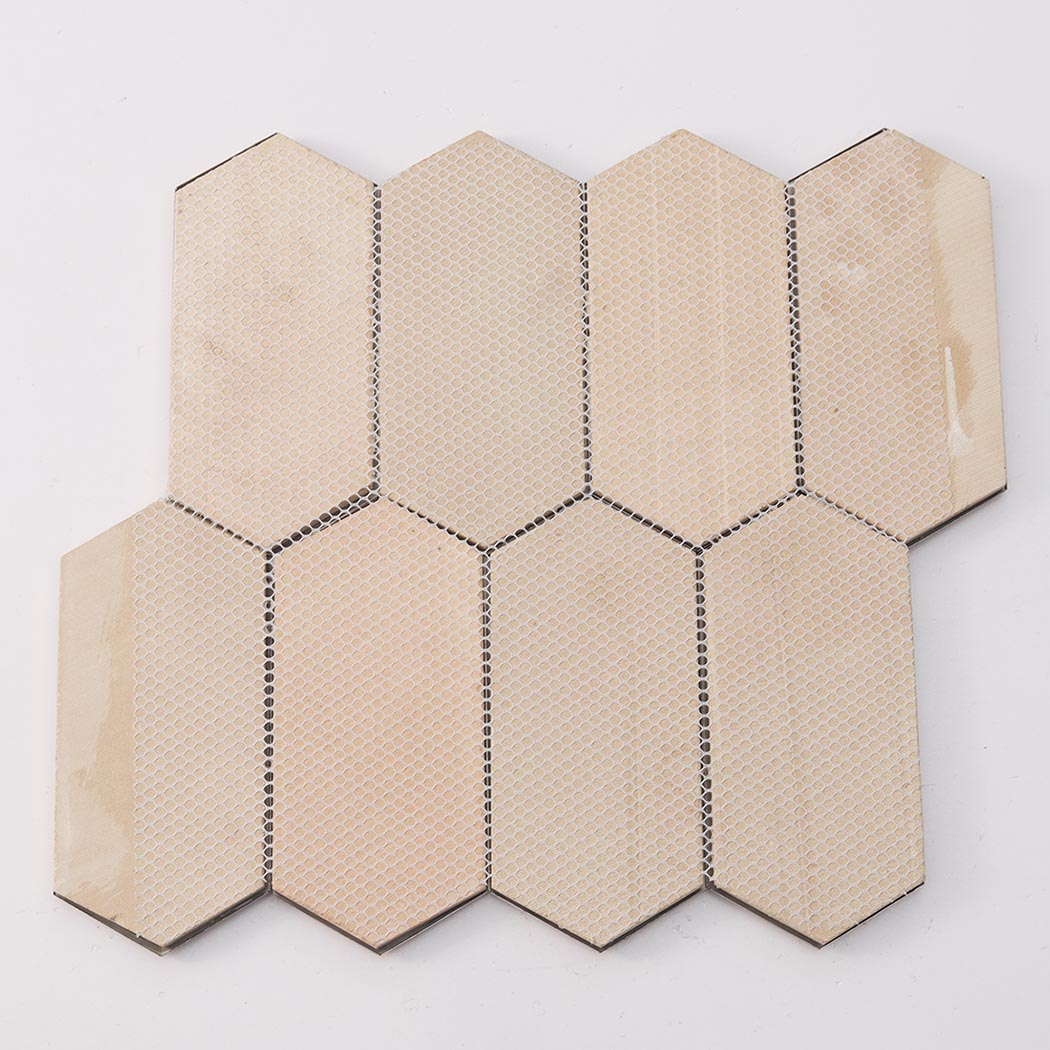 Back view of rose gold mirror picket mosaic tile sheet with mesh mounted backing