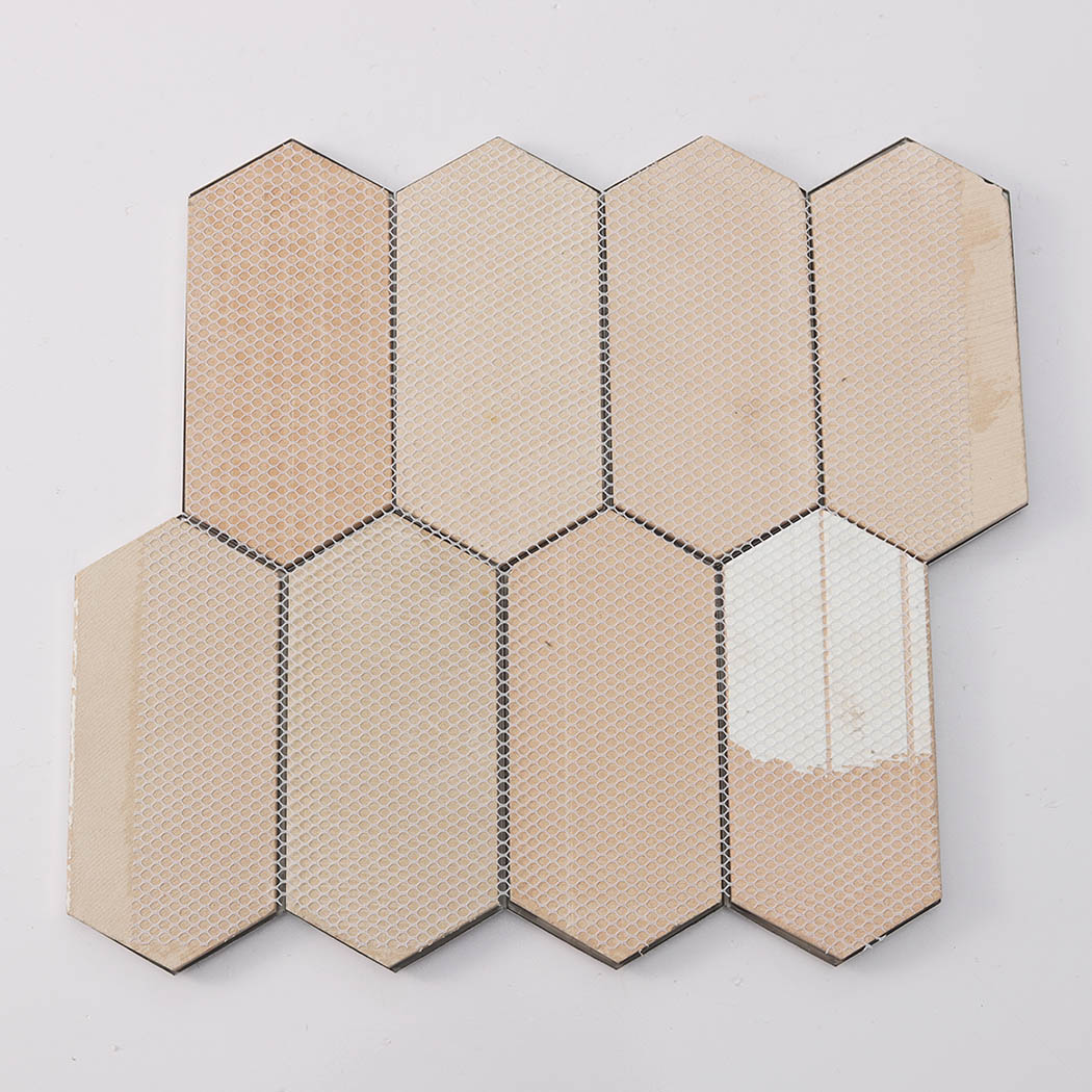 Back view of silver mirror picket mosaic tile sheet with mesh mounted backing