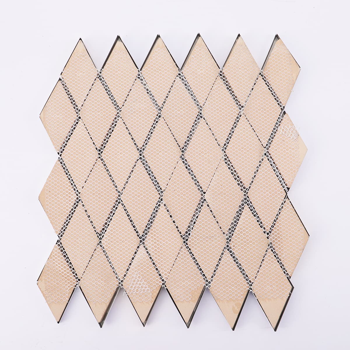Back view showing the white mesh mounting of diamond shaped mosaic tiles.