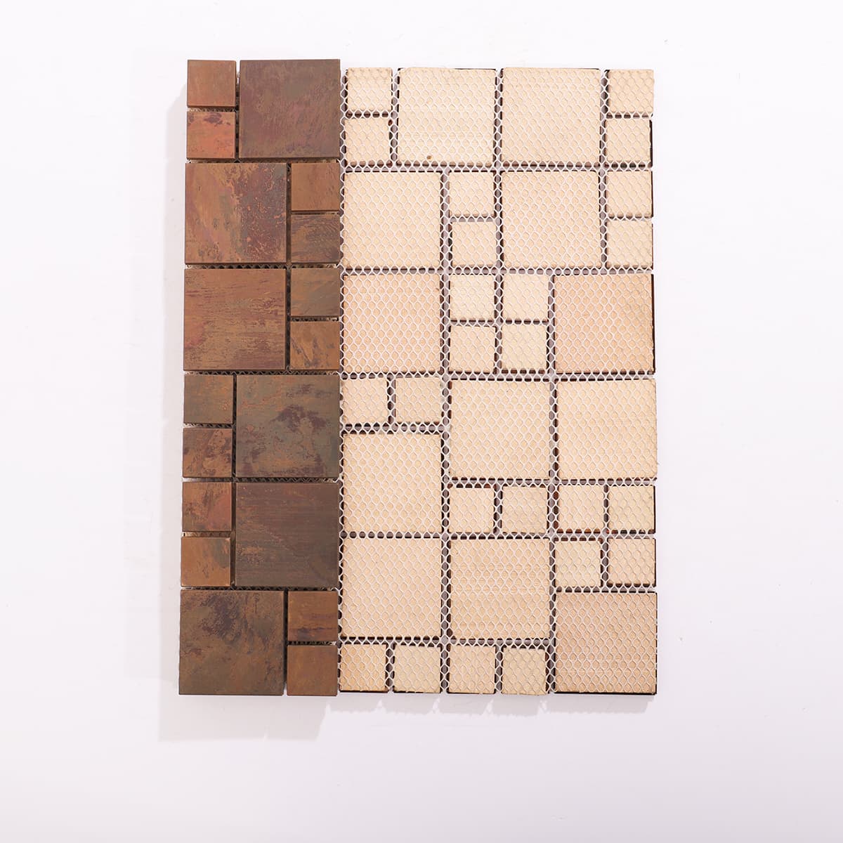 Backside mesh backing of copper mosaic tile for easy installation