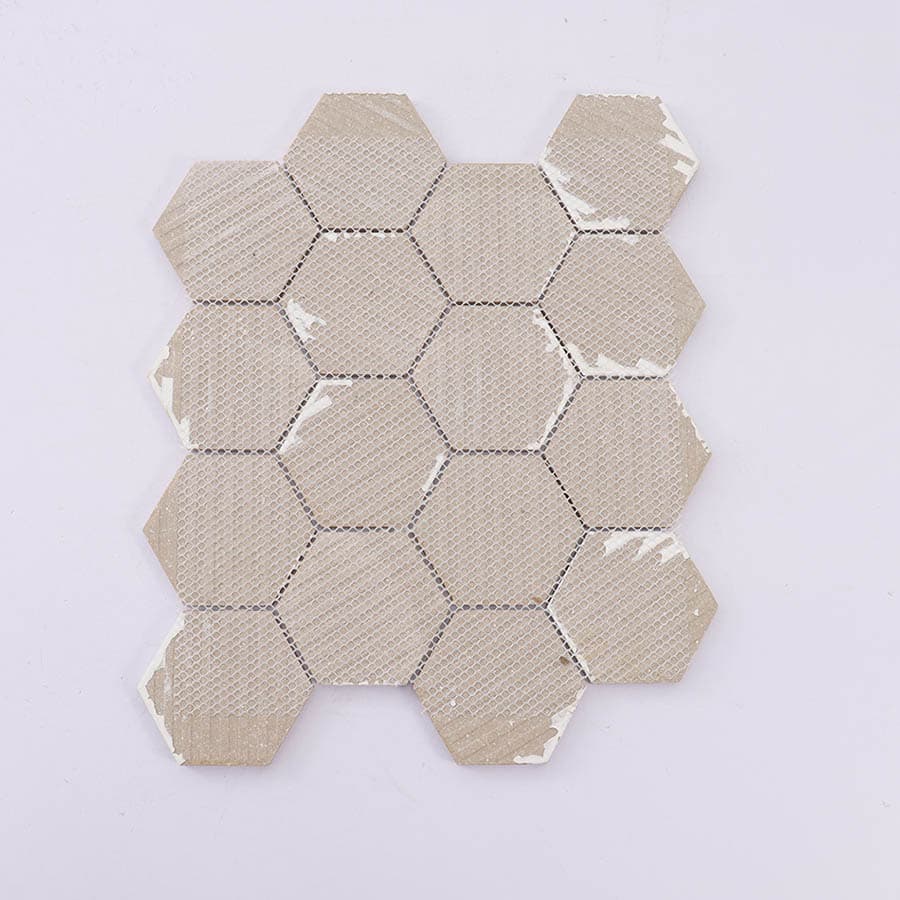 Mesh backing of white hexagon mosaic tile sheet