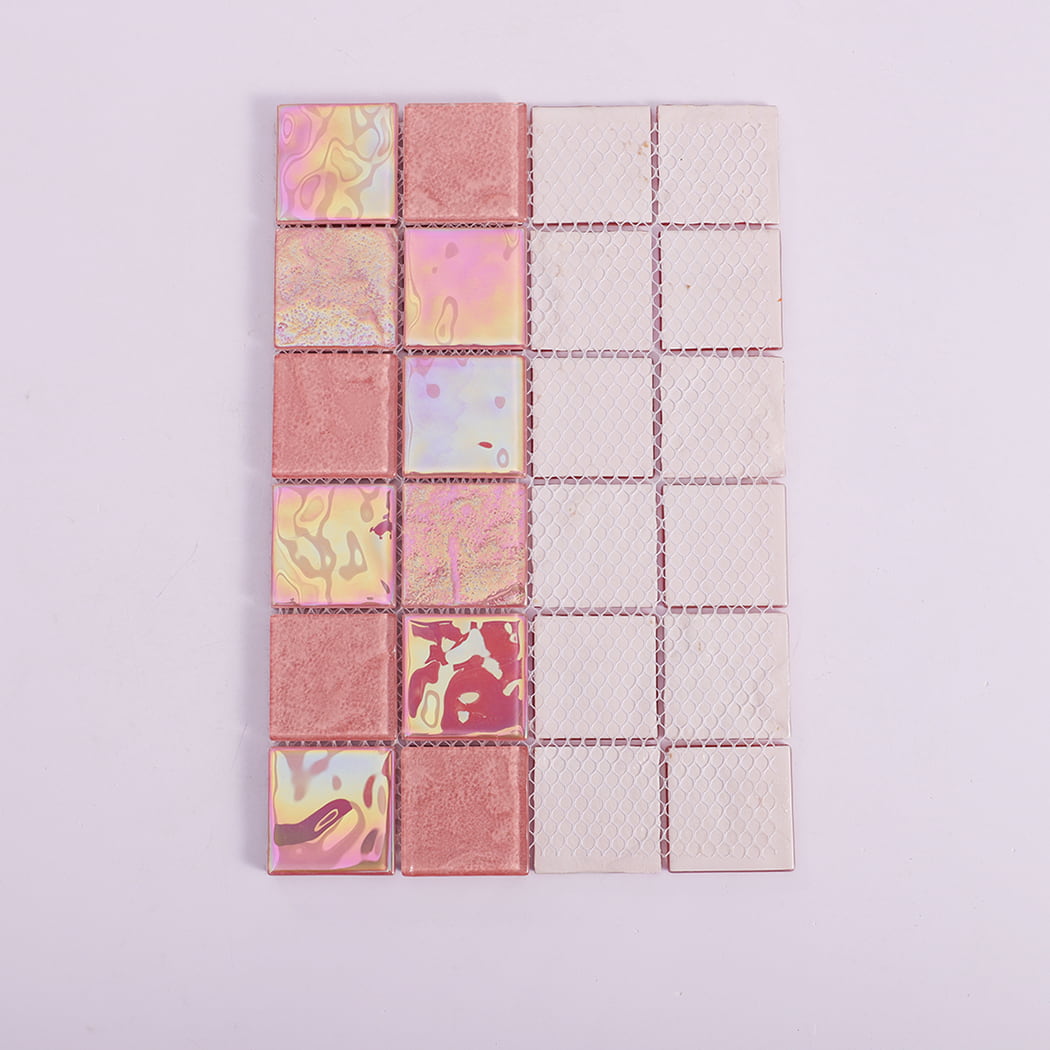 View showing both the front iridescent surface and the white mesh backing of the tiles.