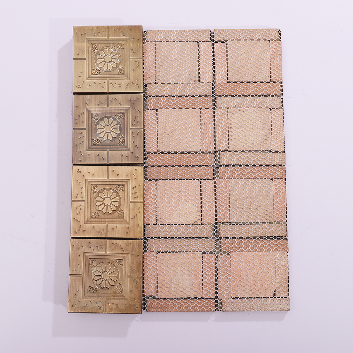Backside view of the antique brass metal mosaic tiles.