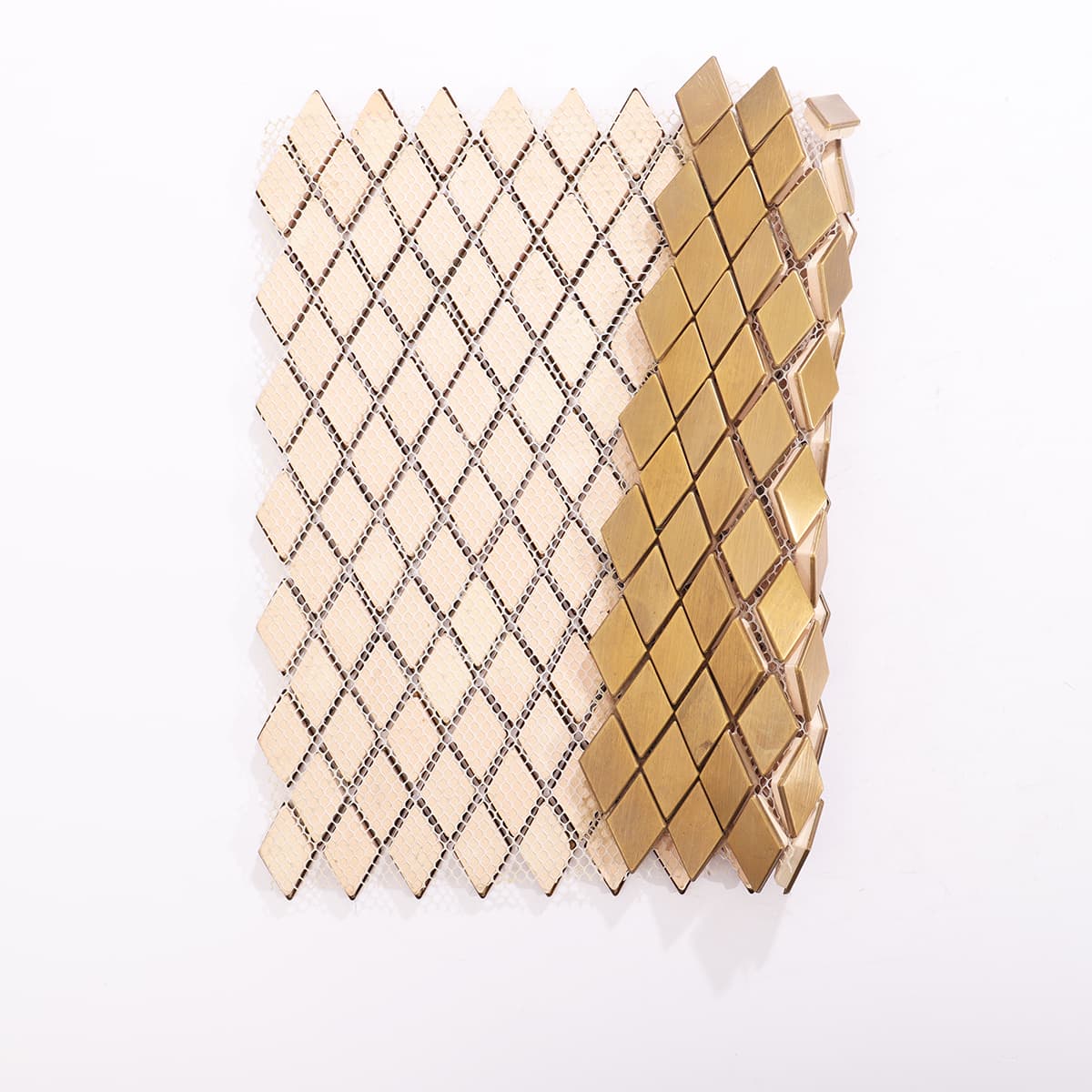 Back view of diamond brass mosaic tiles, showing structural support.