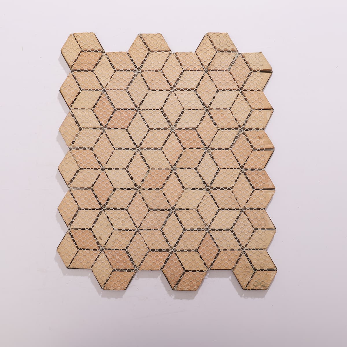 Rear view of the gold stainless steel cube mosaic tiles.