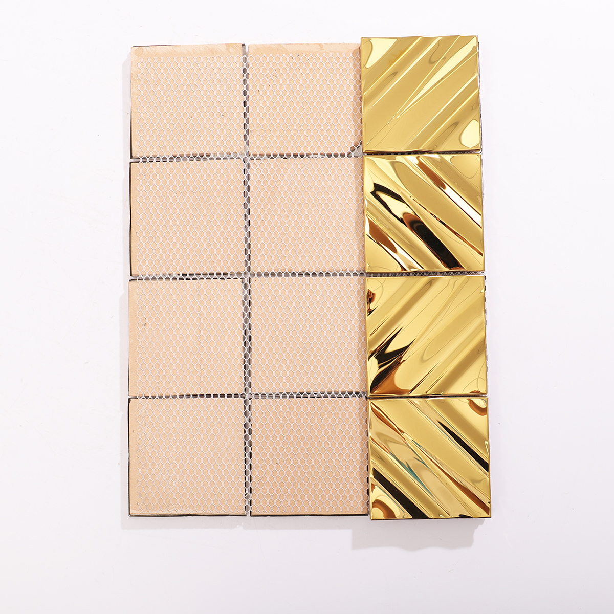 Backside of the gold mirror stainless steel mosaic tiles, showing structured support.