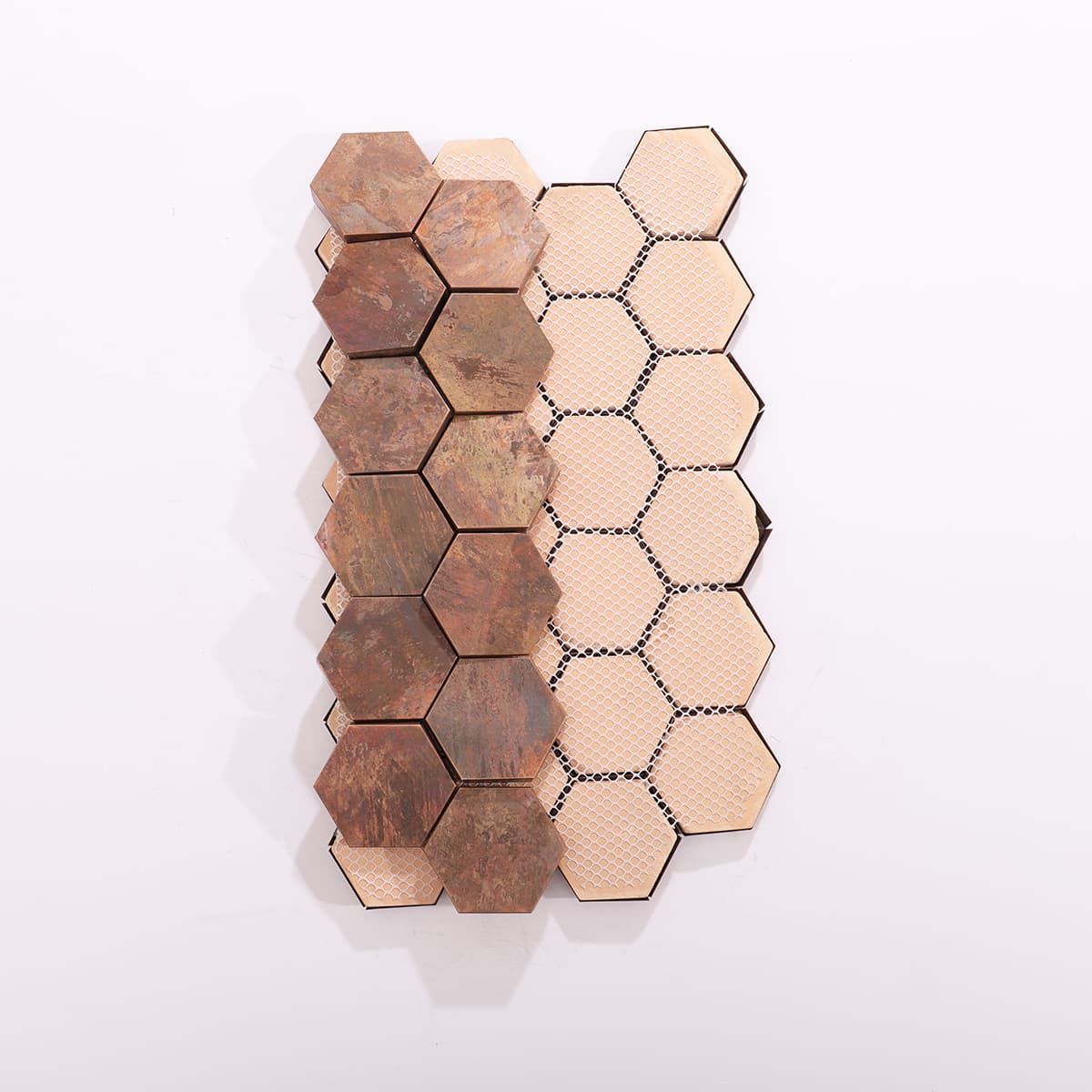 Backside of 3D hexagon copper mosaic tiles with mesh support