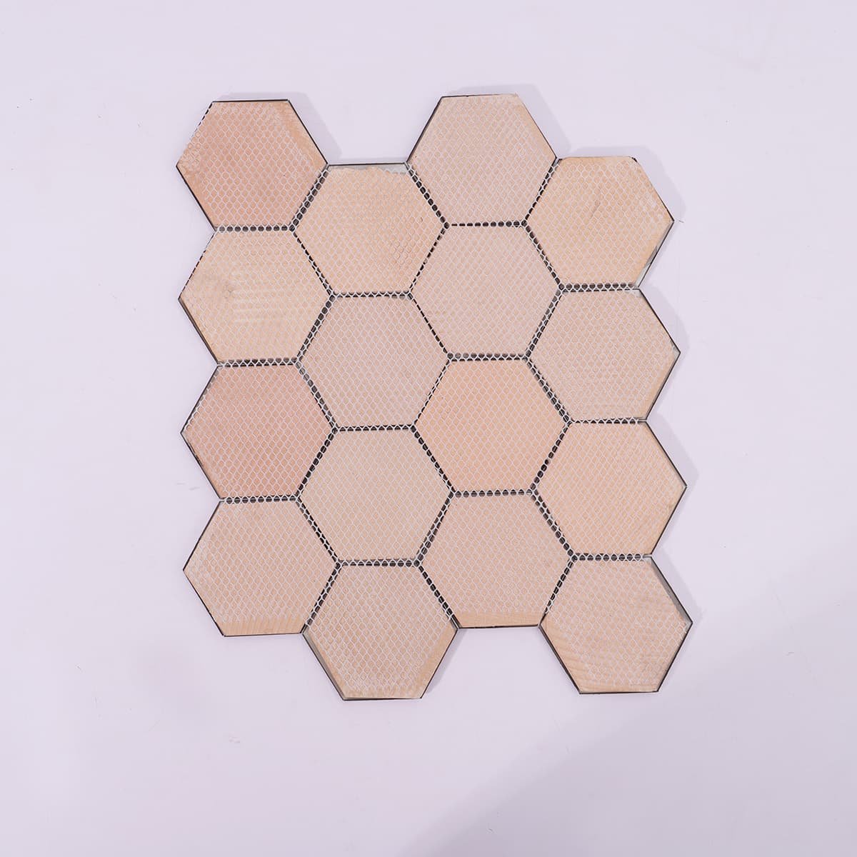 Mesh backing of silver hexagon mosaic sheet