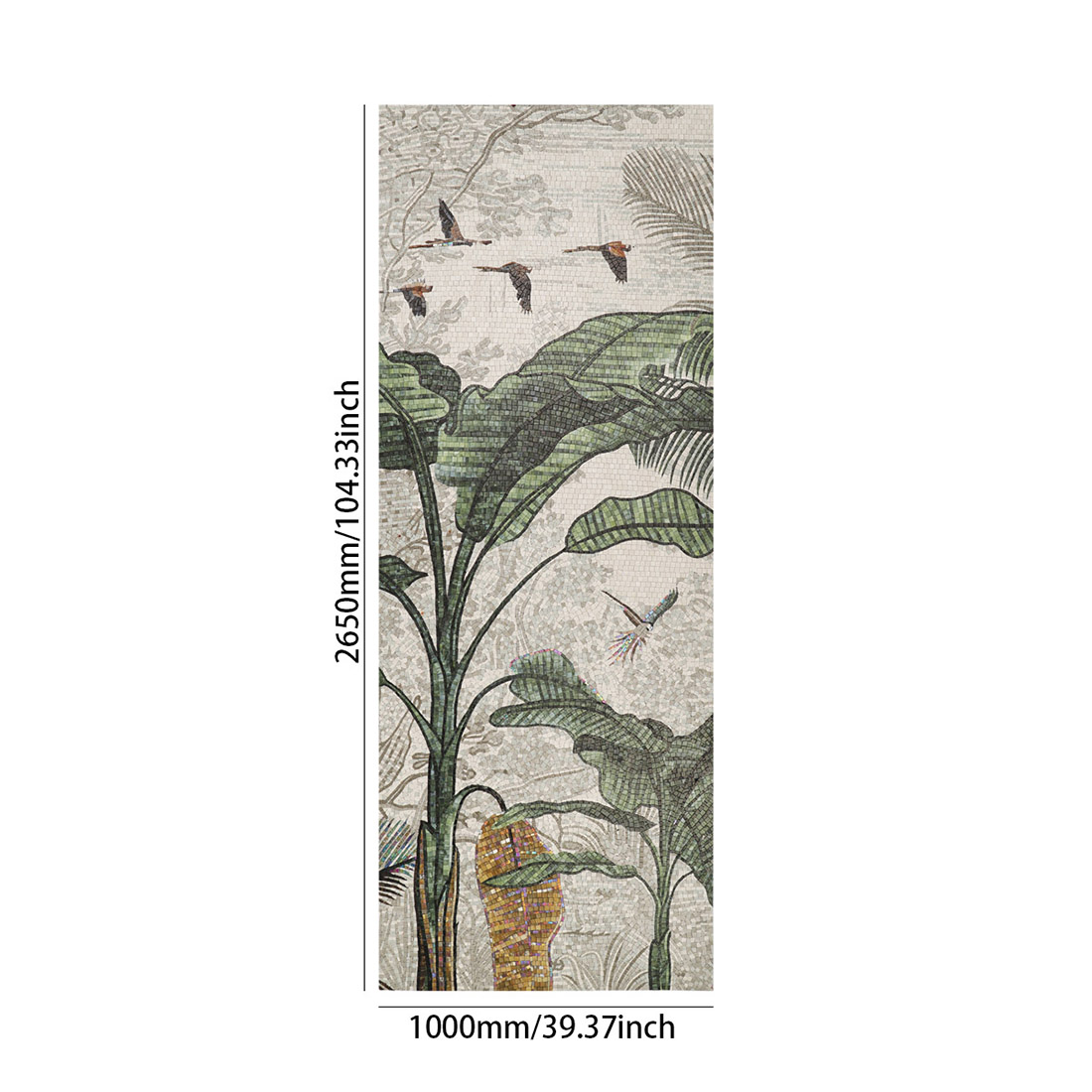 Full size banana tree mosaic mural showing 2650mm by 1000mm dimensions